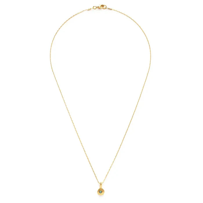 Gold necklace with a small pendant on a white background