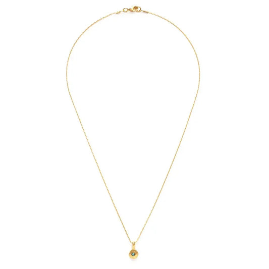 Gold necklace with a small pendant on a white background