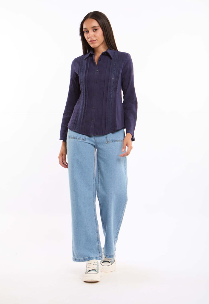 Textured Lace-Trim Cotton Shirt