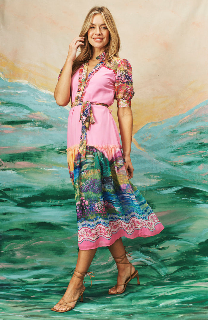 The Alamy Button Front Midi Dress (Pink)