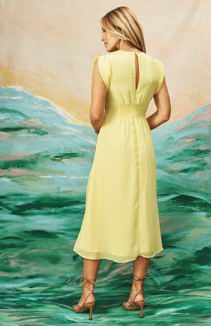 The Buttercup Embroidered Front Button Midi Dress (Yellow)