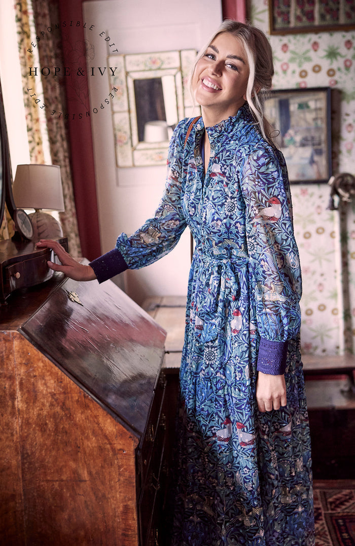 The Emery Button Front Tie Waist Maxi Dress (Blue)