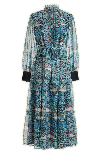 The Emery Button Front Tie Waist Maxi Dress (Blue)