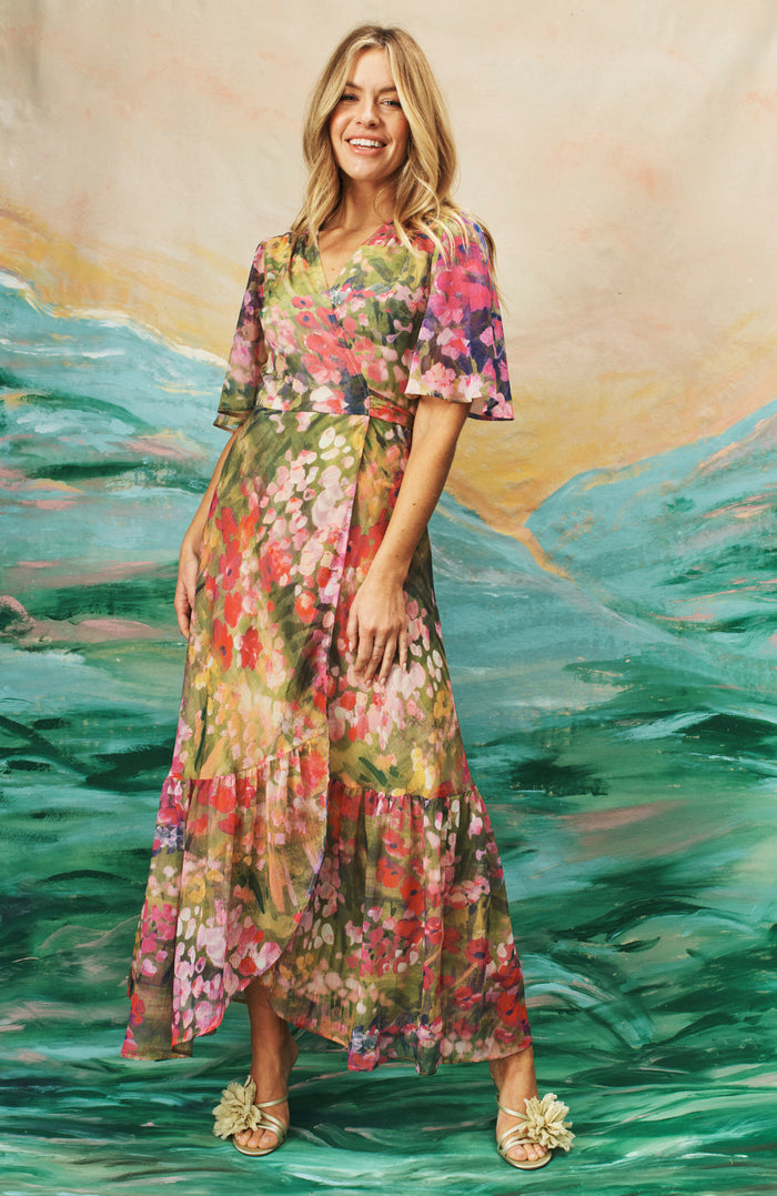 The Foxglove Floral Print Flutter Sleeve Maxi Wrap Dress (Pink)
