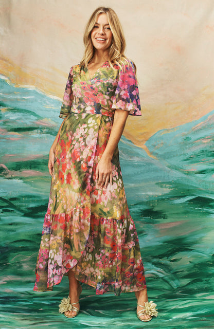 The Foxglove Floral Print Flutter Sleeve Maxi Wrap Dress (Pink)