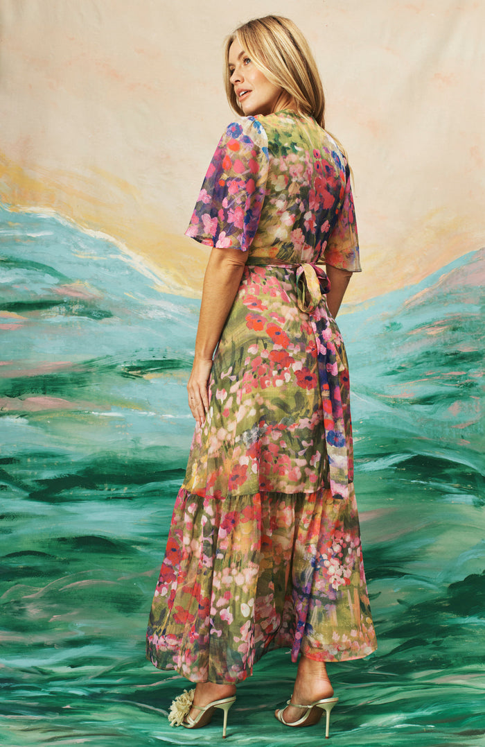 The Foxglove Floral Print Flutter Sleeve Maxi Wrap Dress (Pink)