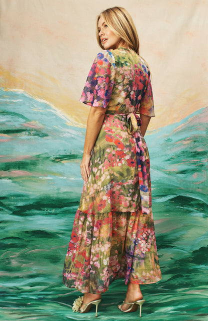 The Foxglove Floral Print Flutter Sleeve Maxi Wrap Dress (Pink)
