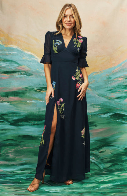 The Heather Embroidered Thigh Split Maxi Dress (Navy)