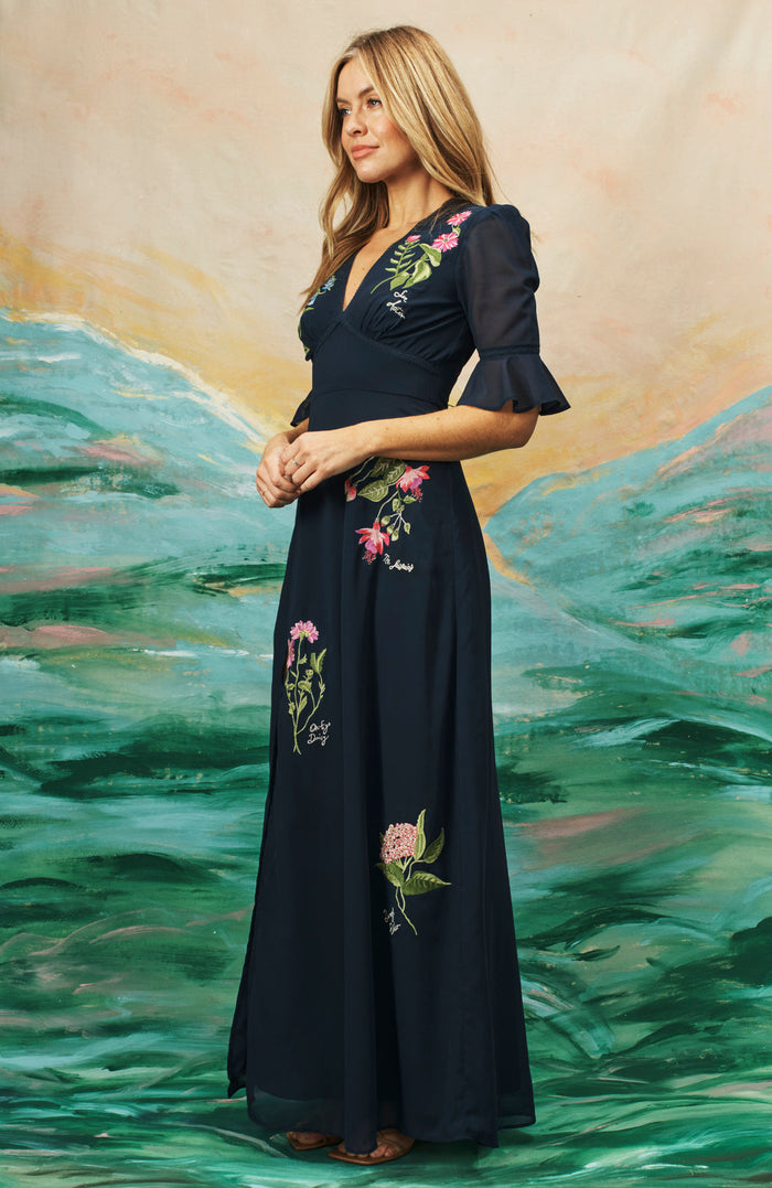 The Heather Embroidered Thigh Split Maxi Dress (Navy)