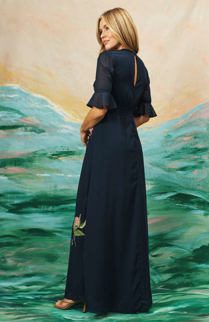 The Heather Embroidered Thigh Split Maxi Dress (Navy)