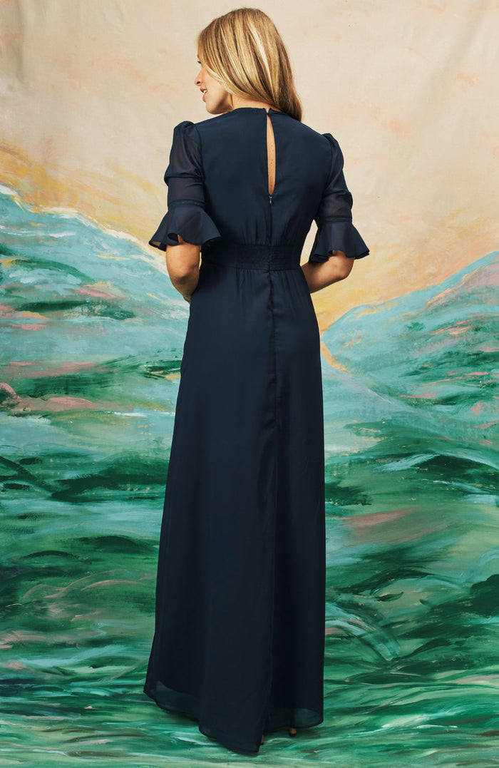The Heather Embroidered Thigh Split Maxi Dress (Navy)
