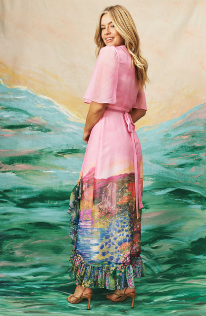 The Iris Printed Flutter Sleeve Maxi Wrap Dress (Pink)