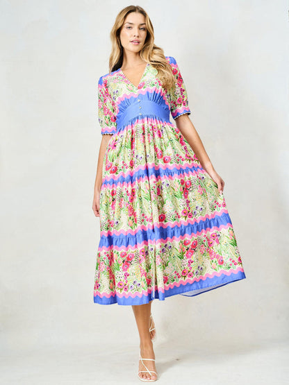 The Jo Midi Dress (Blue/Pink Multi)