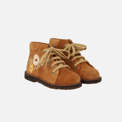 Toddler Suede Lace Up Boots With Flower Embroidery - Cognac