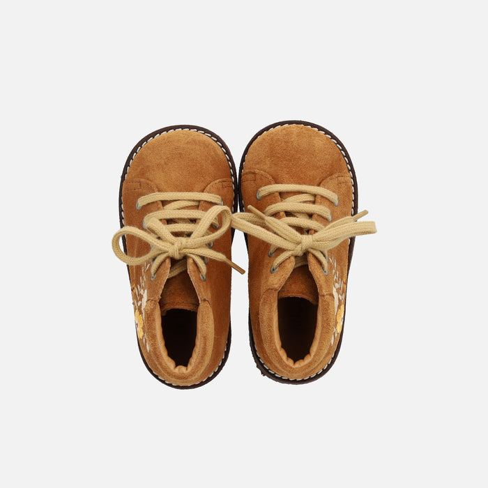 Toddler Suede Lace Up Boots With Flower Embroidery - Cognac