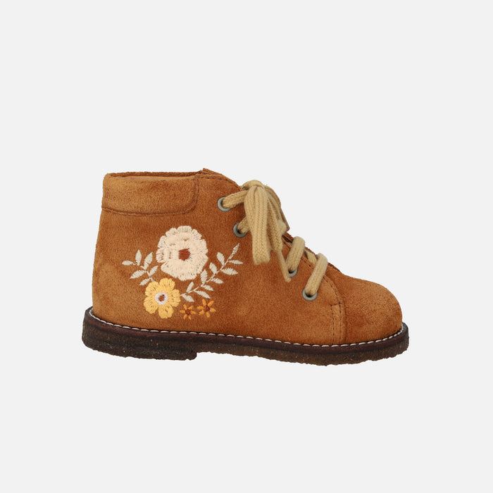 Toddler Suede Lace Up Boots With Flower Embroidery - Cognac
