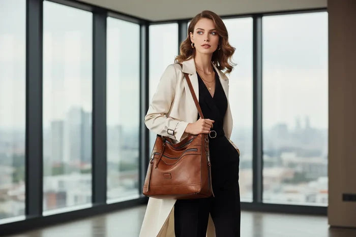 women's tote bag interior view showing spacious main compartment, everyday crossbody bag for wallet, phone, notebook