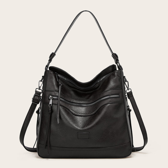 tote bag side profile showing single strap attachment, PU shoulder bag design with secure zipper closure