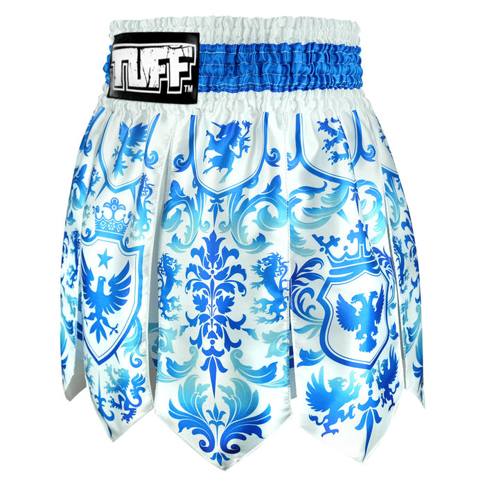 TUFF Muay Thai Boxing Shorts Gladiator Blue & White Classic Victorian Pattern