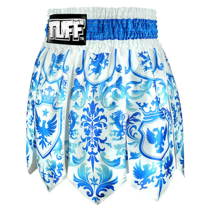 TUFF Muay Thai Boxing Shorts Gladiator Blue & White Classic Victorian Pattern