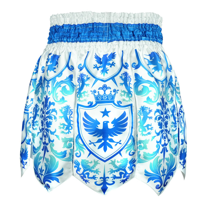 TUFF Muay Thai Boxing Shorts Gladiator Blue & White Classic Victorian Pattern