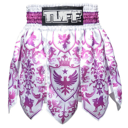 TUFF Muay Thai Boxing Shorts Gladiator Purple & White Classic Victorian Pattern