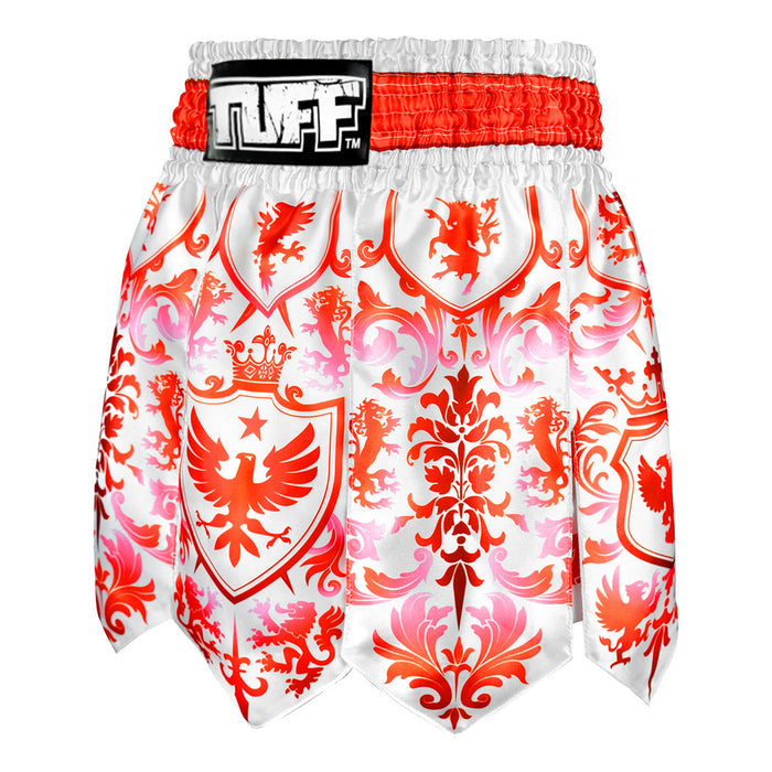 TUFF Muay Thai Boxing Shorts Gladiator Red & White Classic Victorian Pattern