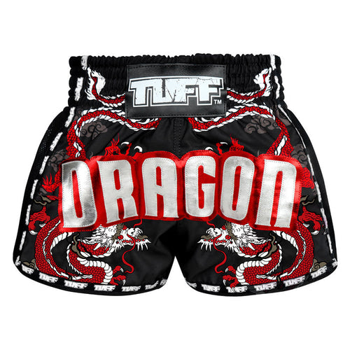 TUFF Muay Thai Boxing Shorts Retro Style Black Chinese Dragon with Text