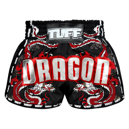 TUFF Muay Thai Boxing Shorts Retro Style Black Chinese Dragon with Text