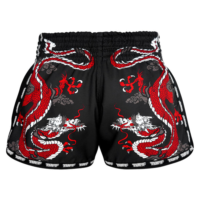 TUFF Muay Thai Boxing Shorts Retro Style Black Chinese Dragon with Text