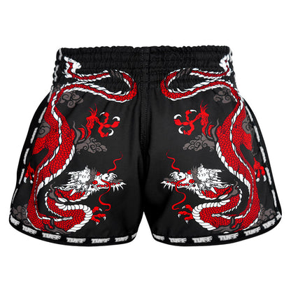 TUFF Muay Thai Boxing Shorts Retro Style Black Chinese Dragon with Text