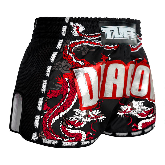 TUFF Muay Thai Boxing Shorts Retro Style Black Chinese Dragon with Text
