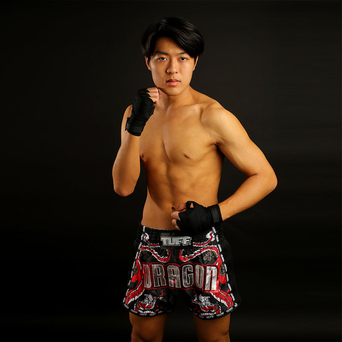 TUFF Muay Thai Boxing Shorts Retro Style Black Chinese Dragon with Text