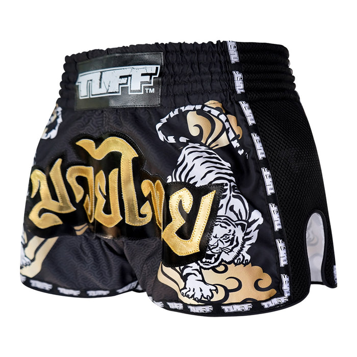 TUFF Muay Thai Boxing Shorts Retro Style Black Twin Tiger With Gold Text