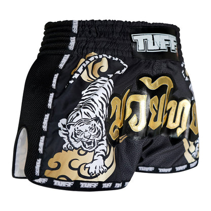 TUFF Muay Thai Boxing Shorts Retro Style Black Twin Tiger With Gold Text