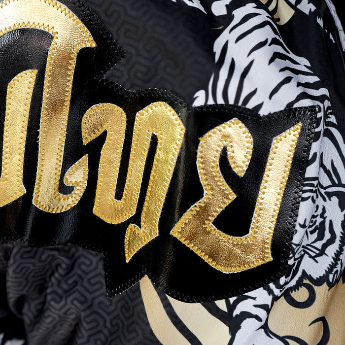 TUFF Muay Thai Boxing Shorts Retro Style Black Twin Tiger With Gold Text