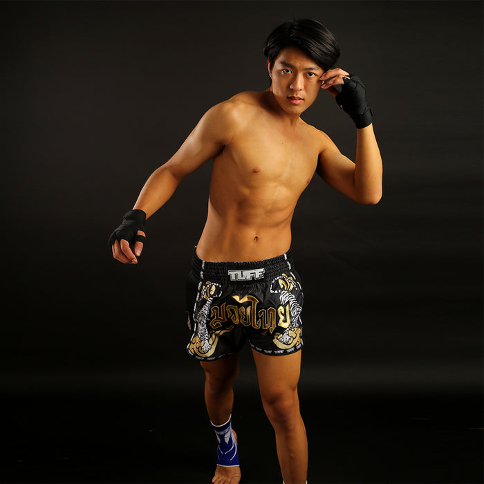 TUFF Muay Thai Boxing Shorts Retro Style Black Twin Tiger With Gold Text