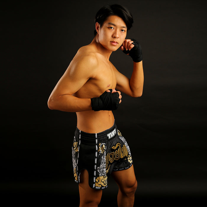 TUFF Muay Thai Boxing Shorts Retro Style Black Twin Tiger With Gold Text