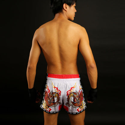 TUFF Muay Thai Boxing Shorts Retro Style White Chinese Dragon