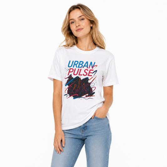 Unisex cotton t shirt with Urban Pulse graphic shown as the first product image with crew neck and short sleeve construction.