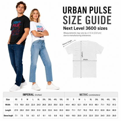 Urban Pulse t-shirt size guide with two models, garment diagram and measurements for listed unisex sizes from XS through 5XL.