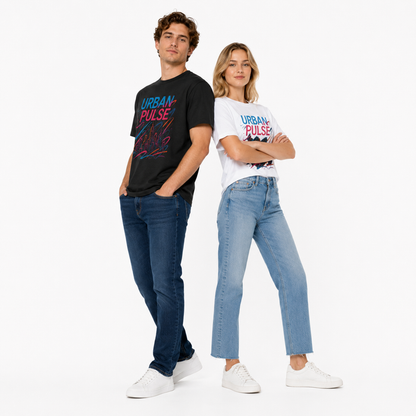 Urban Pulse cotton crew neck t-shirt shown in a lifestyle product view, with short sleeves and a printed city graphic design.