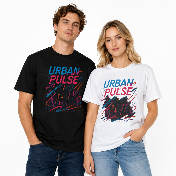 White Urban Pulse cotton t-shirt shown in a clean product view with crew neckline, short sleeves and centered graphic design.