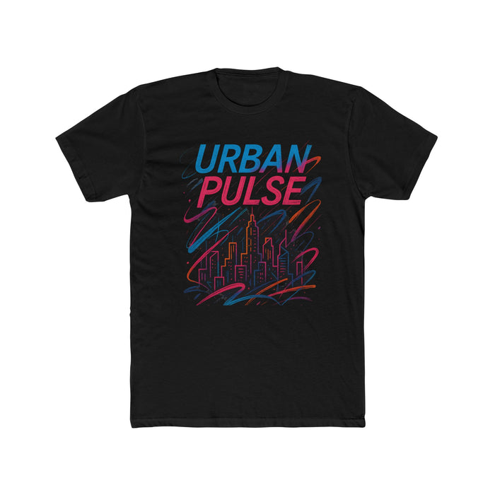 Black cotton Urban Pulse tee shown in a front product view with centered city graphic and classic crew neck tee construction.