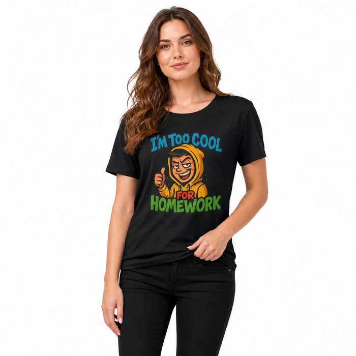 Unisex graphic tee shown from front with funny homework design, short sleeves, and a clean neckline in a clear product image.