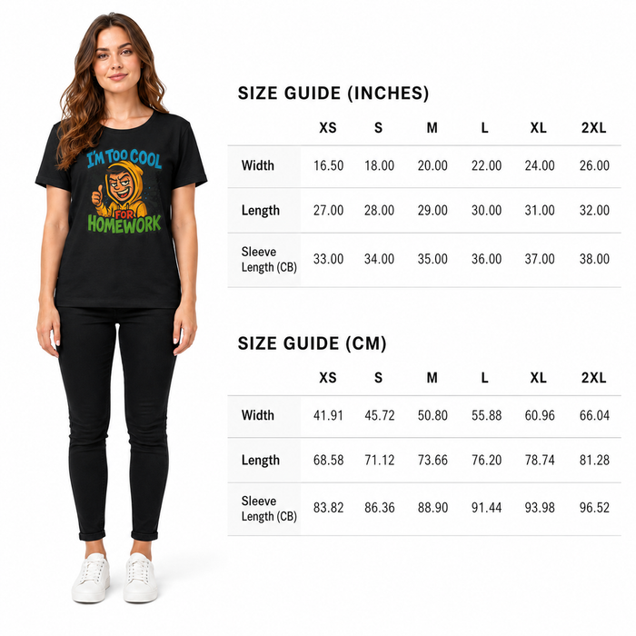 Model wearing a graphic t-shirt by a size guide chart showing the homework print, short sleeves and casual tee shape clearly.
