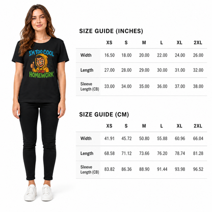 Model wearing a graphic t-shirt by a size guide chart showing the homework print, short sleeves and casual tee shape clearly.
