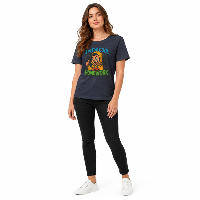 Funny homework graphic tee shown in casual product view with short sleeves, printed front design, and everyday t-shirt shape.