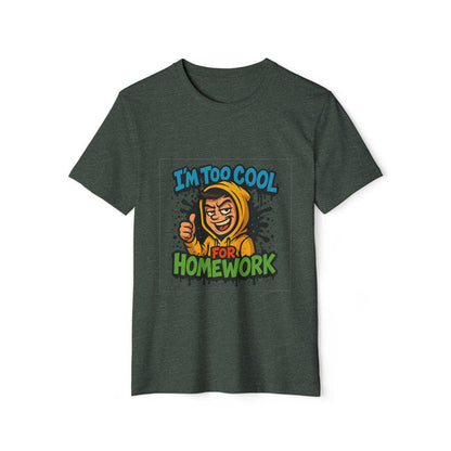 Heather Forest graphic t-shirt shown from the front with homework design, short sleeves and a direct product color reference.