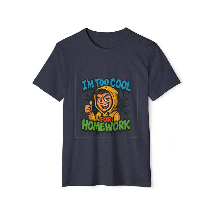 Heather Navy graphic t-shirt shown from the front with homework design, short sleeves and a detailed product color reference.